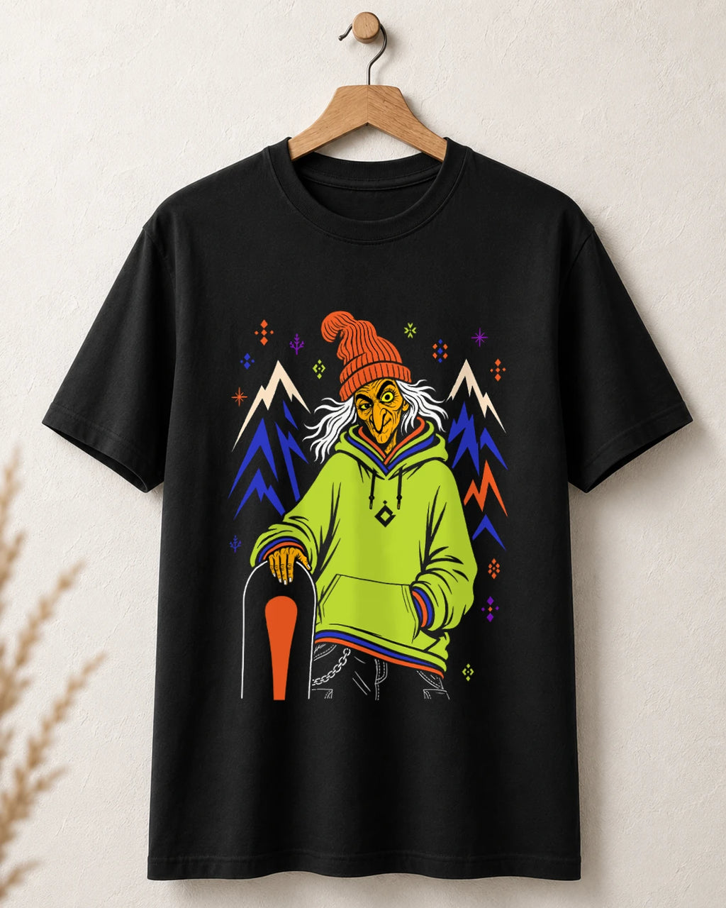 Tricou negru BUCLUC Baba Dochia Color, grafică inspirată din folclor românesc