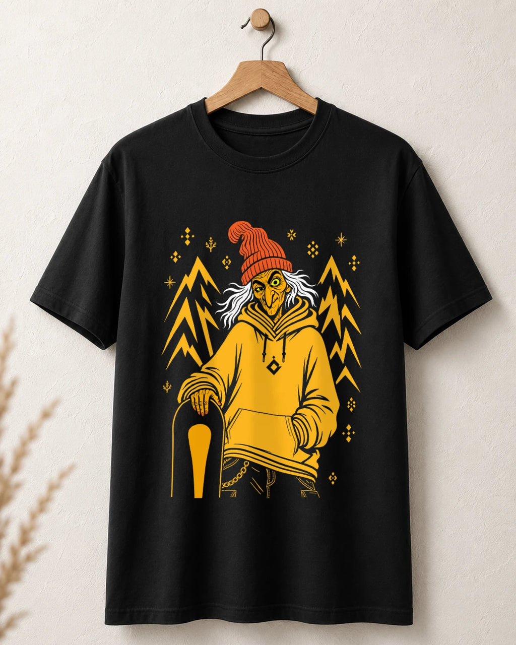 Tricou negru BUCLUC Baba Dochia Mono, grafică inspirată din folclor românesc