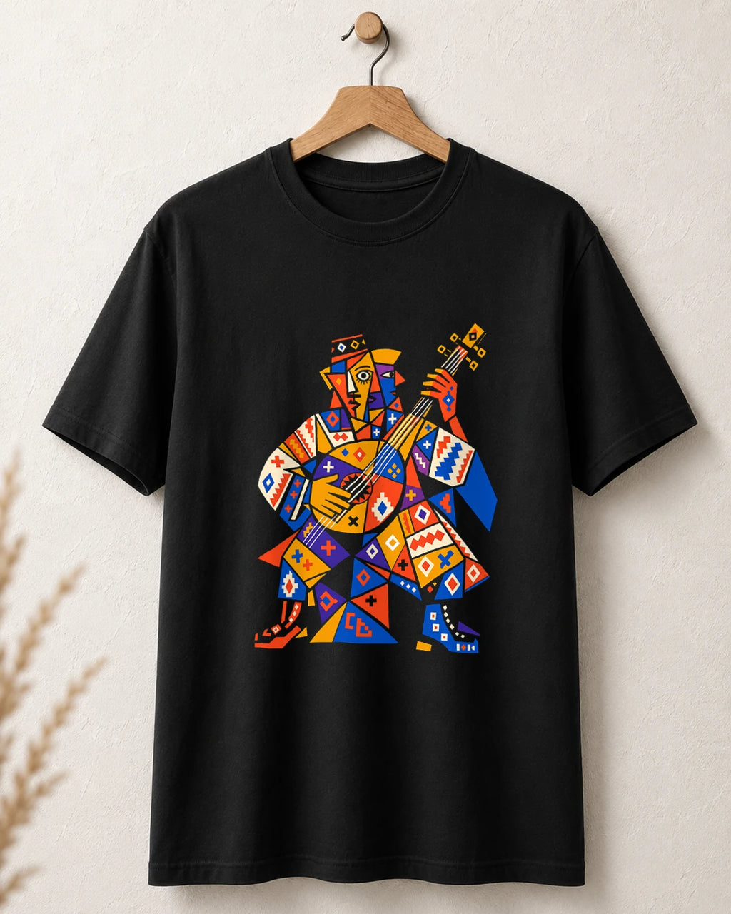 Tricou negru BUCLUC Cobzarul Abstract, grafică inspirată din folclor românesc