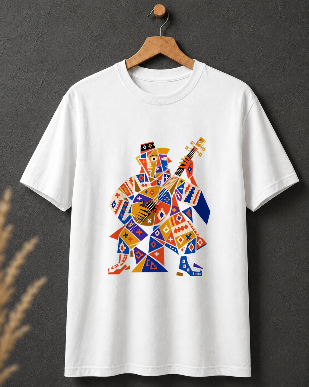 Tricou alb BUCLUC Cobzarul Abstract, grafică inspirată din folclor românesc