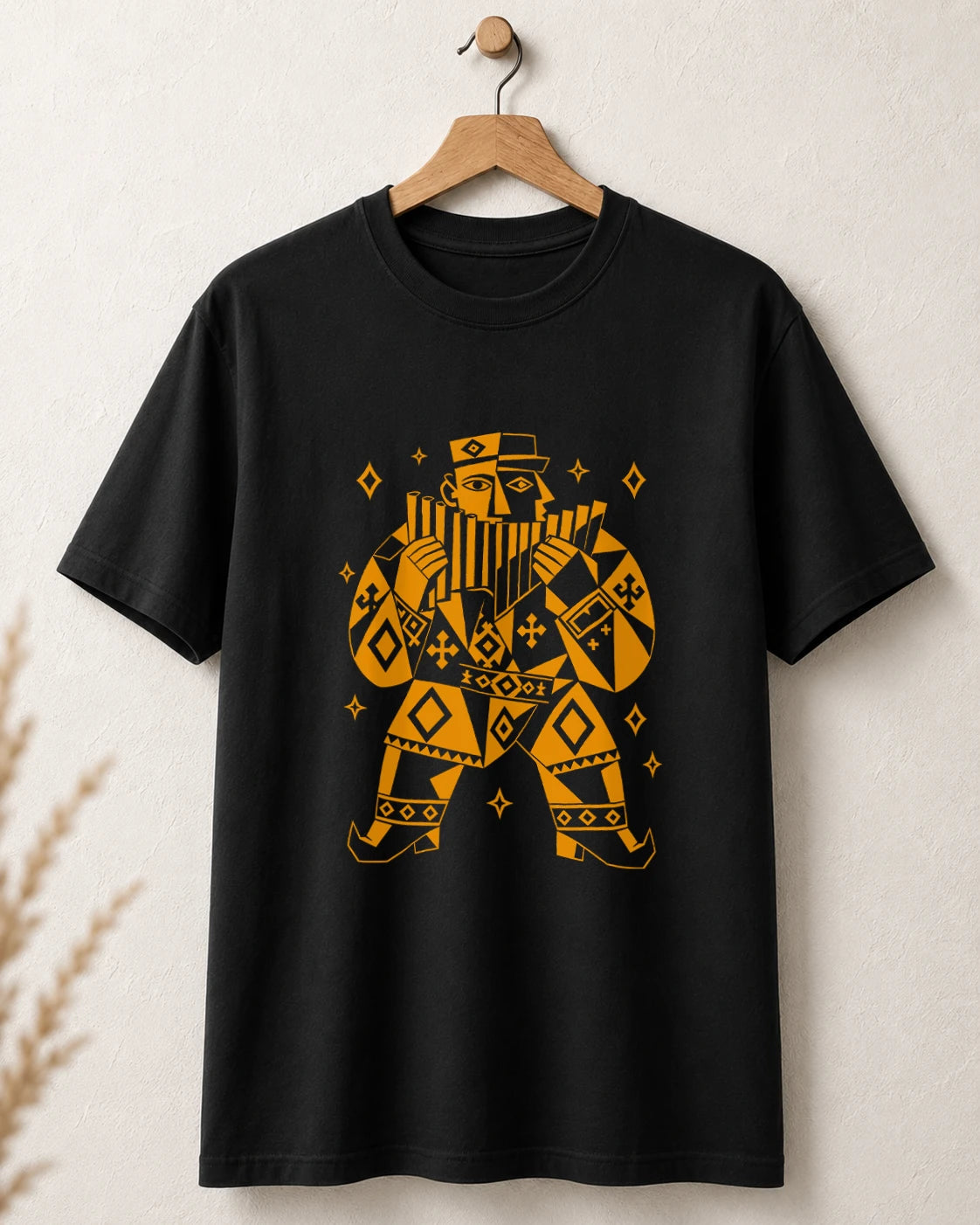 Tricou negru BUCLUC Naiarul Abstract, grafică inspirată din folclor românesc