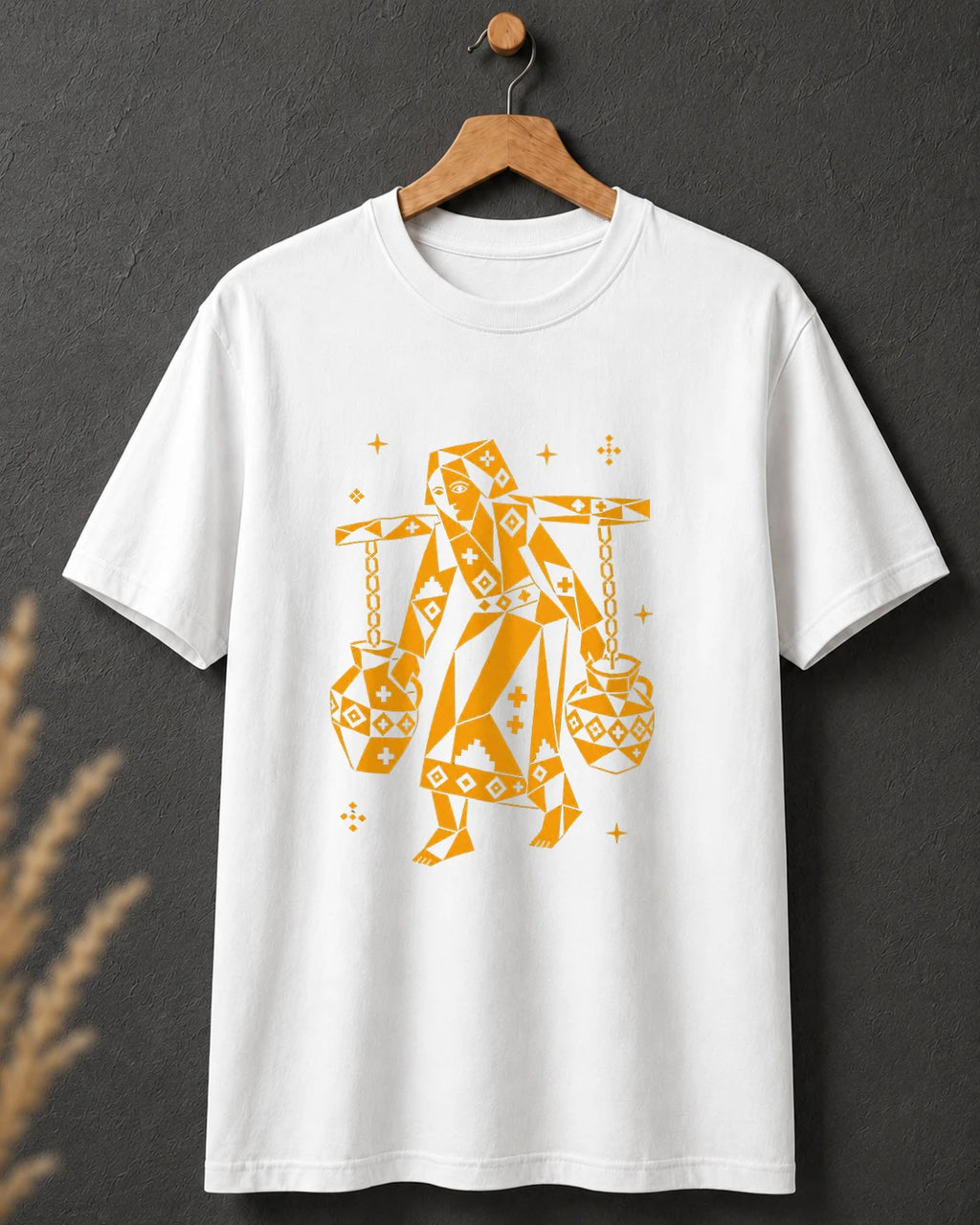 Tricou alb BUCLUC Purtătoarea de Apă Mono, grafică inspirată din folclor românesc