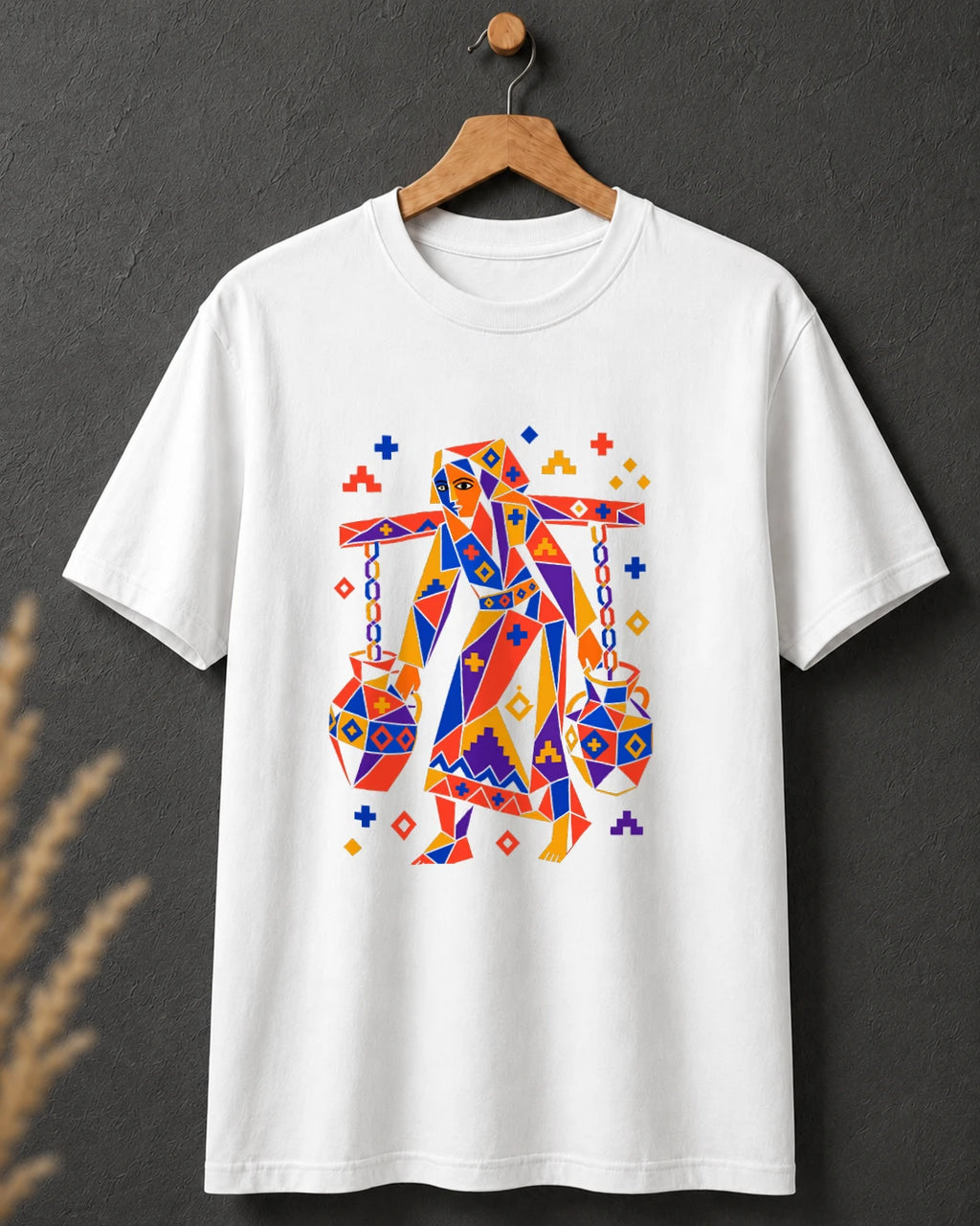 Tricou alb BUCLUC Purtătoarea de Apă Color, grafică inspirată din folclor românesc